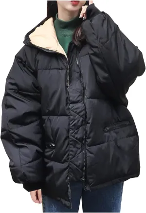 Women's Hooded Down Coats Baggy Winter Warm Puffer Jackets Full Zip Windbreaker Parkas Bubble Coats Casual Overcoat