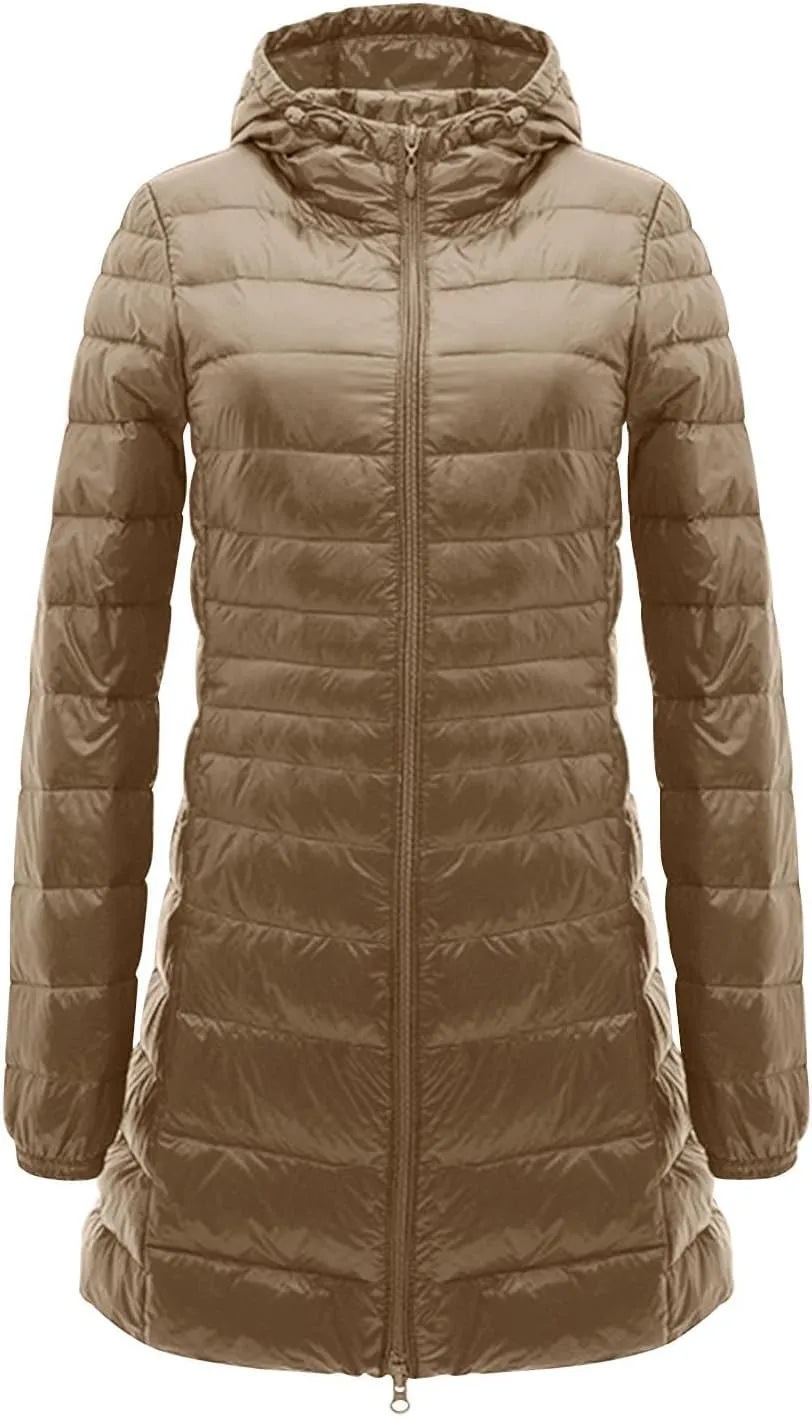 Womens Lightweight Long Puffer Jacket Winter Warm Packable Down Coat Oversized Zip Up Long Sleeve Outerwear With Hood