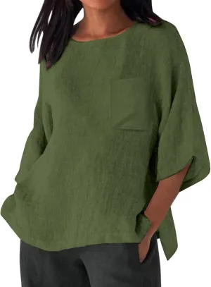 Womens Linen 3/4 Sleeve Blouse Loose Fit Crew Neck T Shirts Summer Casual Solid Tops