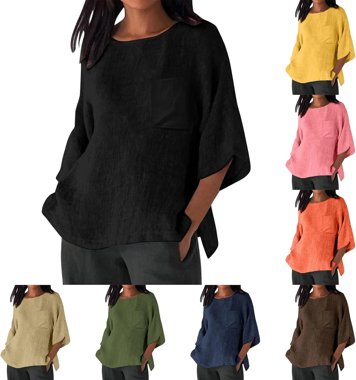 Womens Linen 3/4 Sleeve Blouse Loose Fit Crew Neck T Shirts Summer Casual Solid Tops