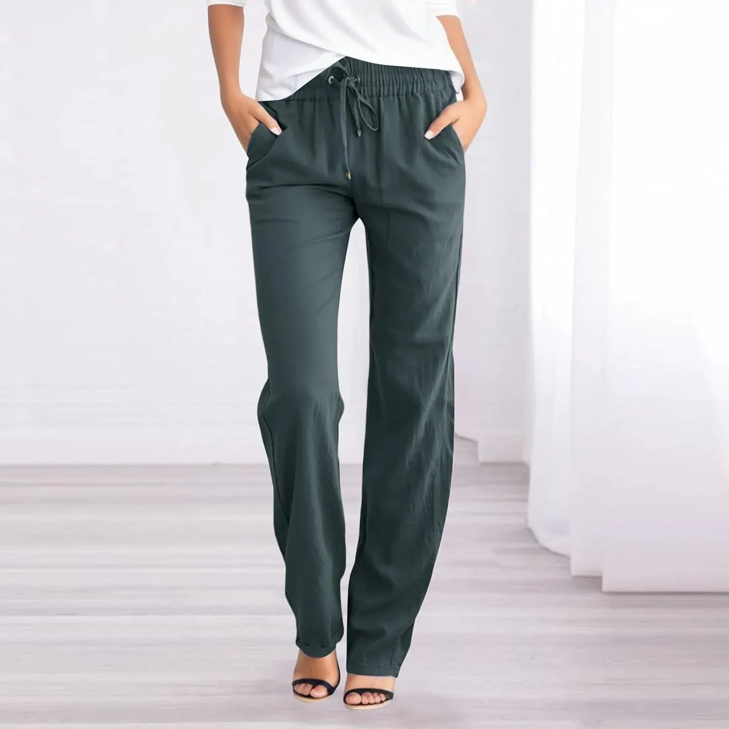 Womens Linen Pants High Waisted Casual Pants Straight Leg Drawstring Pants with Pockets Summer Beach Palazzo Pants Trousers