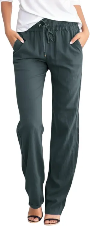 Womens Linen Pants High Waisted Casual Pants Straight Leg Drawstring Pants with Pockets Summer Beach Palazzo Pants Trousers