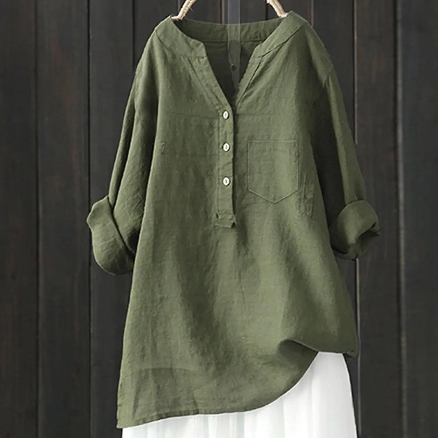 Women's Linen Shirts V Neck Buttons Blouses Lapel Collar Dressy Tops Long Sleeve Loose Fit Shirts