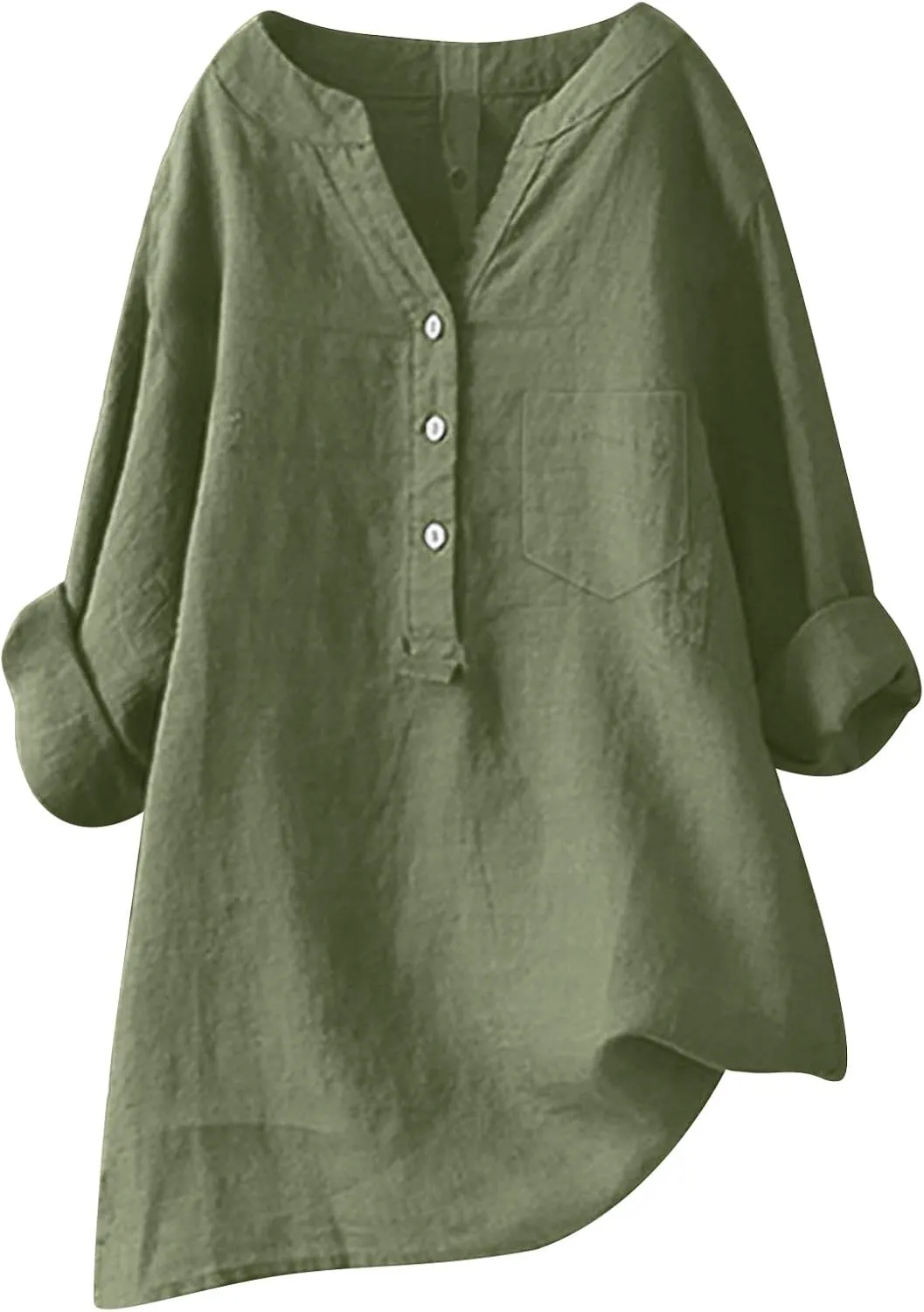 Women's Linen Shirts V Neck Buttons Blouses Lapel Collar Dressy Tops Long Sleeve Loose Fit Shirts