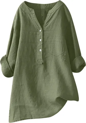 Women's Linen Shirts V Neck Buttons Blouses Lapel Collar Dressy Tops Long Sleeve Loose Fit Shirts