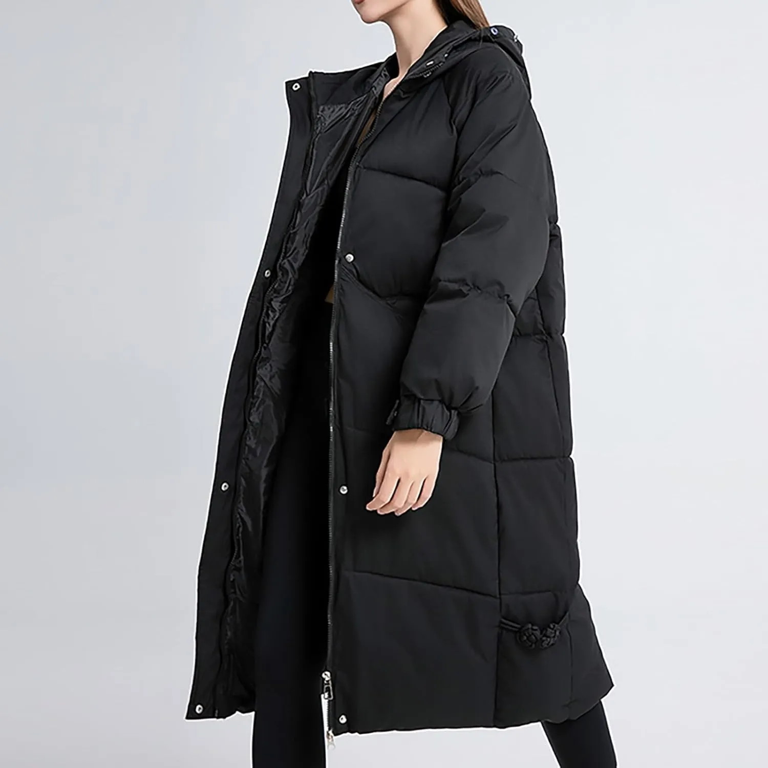 Women's Long Down Overcoats Full Zip Up Puffer Jacket Coat Thickened Warm Windproof Parkas Outwear with Faux Fur Hood