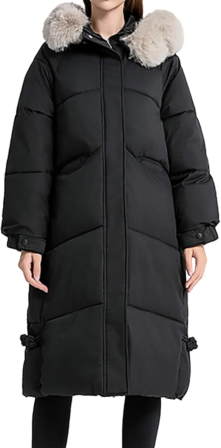 Women's Long Down Overcoats Full Zip Up Puffer Jacket Coat Thickened Warm Windproof Parkas Outwear with Faux Fur Hood