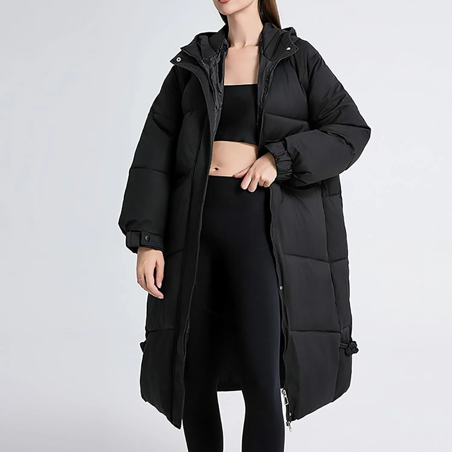 Women's Long Down Overcoats Full Zip Up Puffer Jacket Coat Thickened Warm Windproof Parkas Outwear with Faux Fur Hood