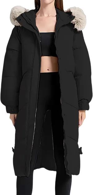 Women's Long Down Overcoats Full Zip Up Puffer Jacket Coat Thickened Warm Windproof Parkas Outwear with Faux Fur Hood