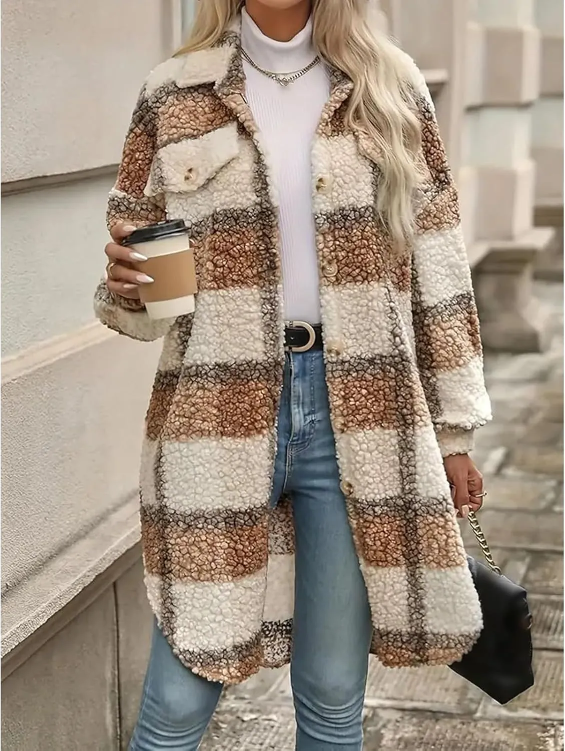 Women's Long Flannel Plaid Jacket Shacket Lightweight Button Down Fuzzy Fleece Shirts Trendy Sherpa Trench Coat