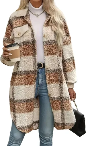 Women's Long Flannel Plaid Jacket Shacket Lightweight Button Down Fuzzy Fleece Shirts Trendy Sherpa Trench Coat