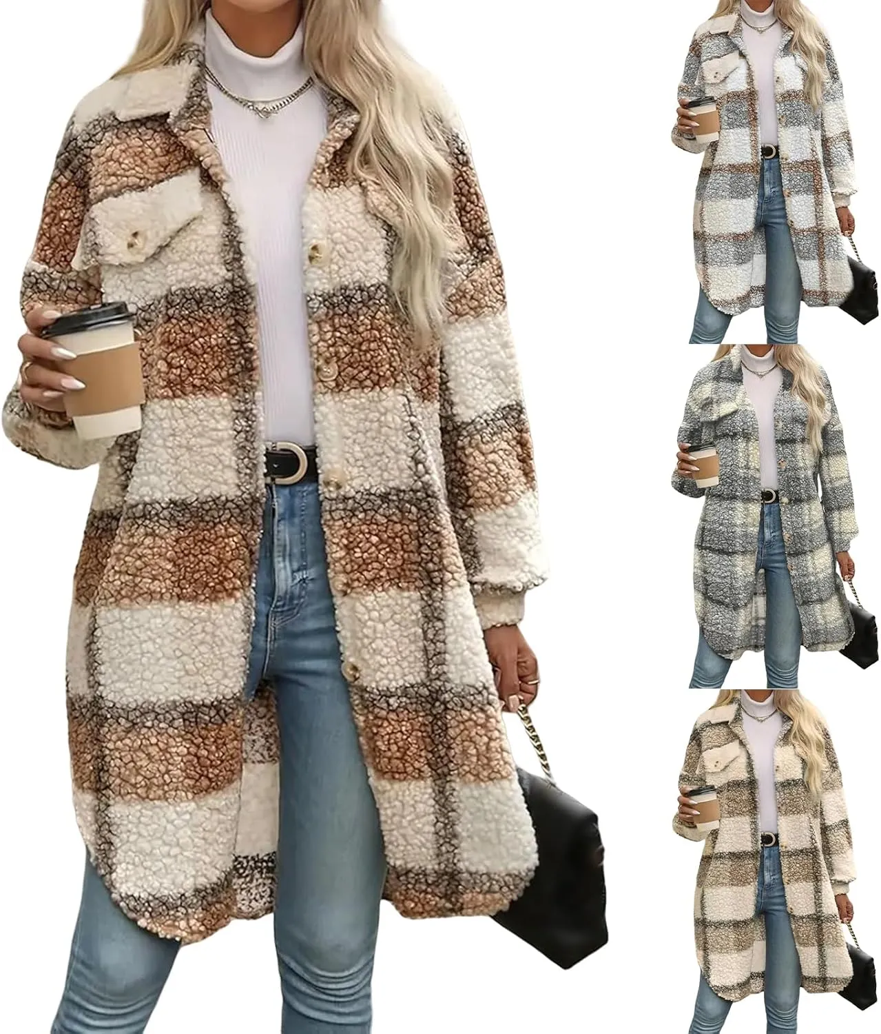 Women's Long Flannel Plaid Jacket Shacket Lightweight Button Down Fuzzy Fleece Shirts Trendy Sherpa Trench Coat