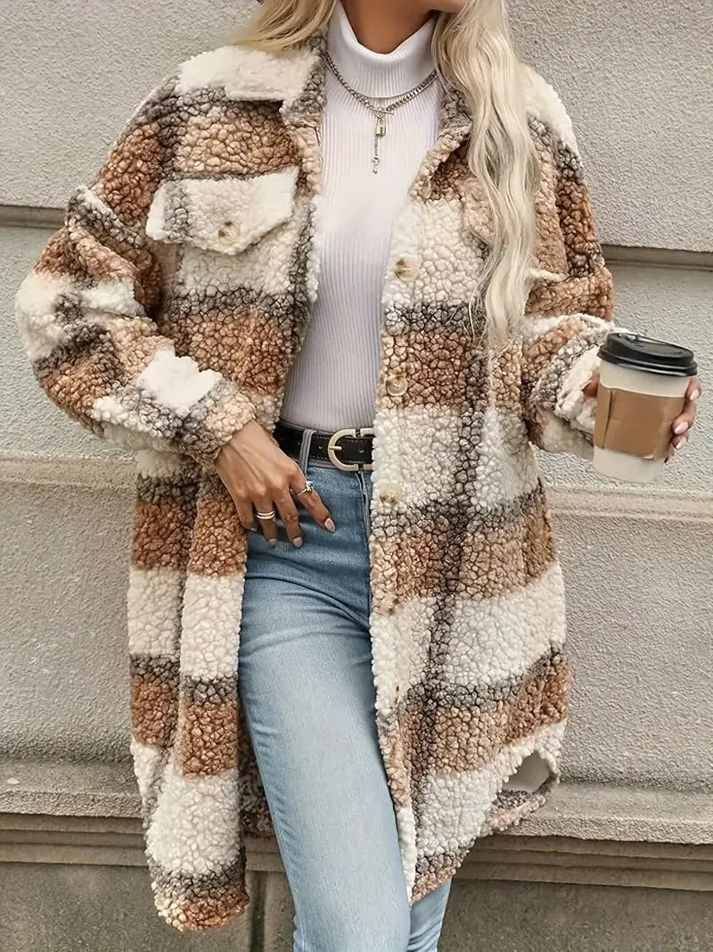 Women's Long Flannel Plaid Jacket Shacket Lightweight Button Down Fuzzy Fleece Shirts Trendy Sherpa Trench Coat