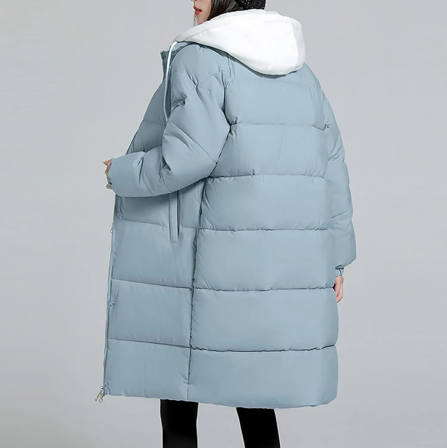 Women's Long Puffer Coat Patchwork Cotton Hooded Down Jacket Fashion Winter Warm Zip Snaps Padded Quilted Jacket 2023