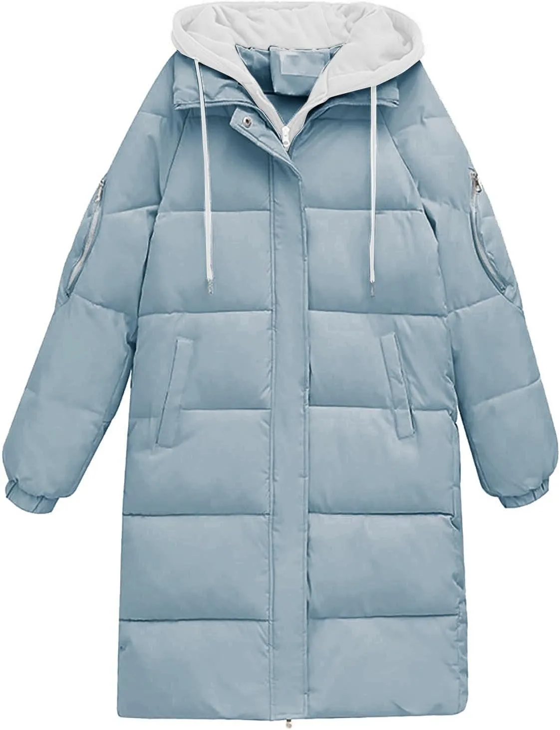 Women's Long Puffer Coat Patchwork Cotton Hooded Down Jacket Fashion Winter Warm Zip Snaps Padded Quilted Jacket 2023