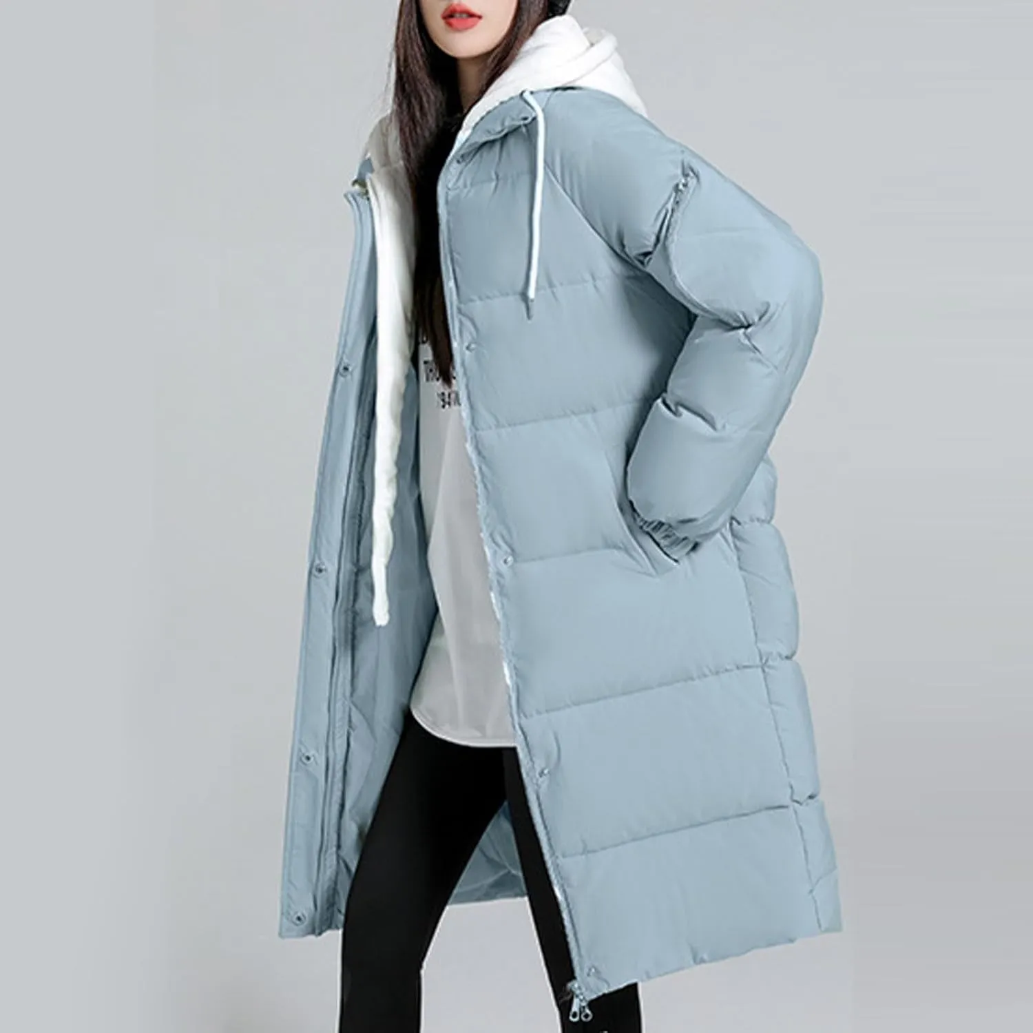 Women's Long Puffer Coat Patchwork Cotton Hooded Down Jacket Fashion Winter Warm Zip Snaps Padded Quilted Jacket 2023