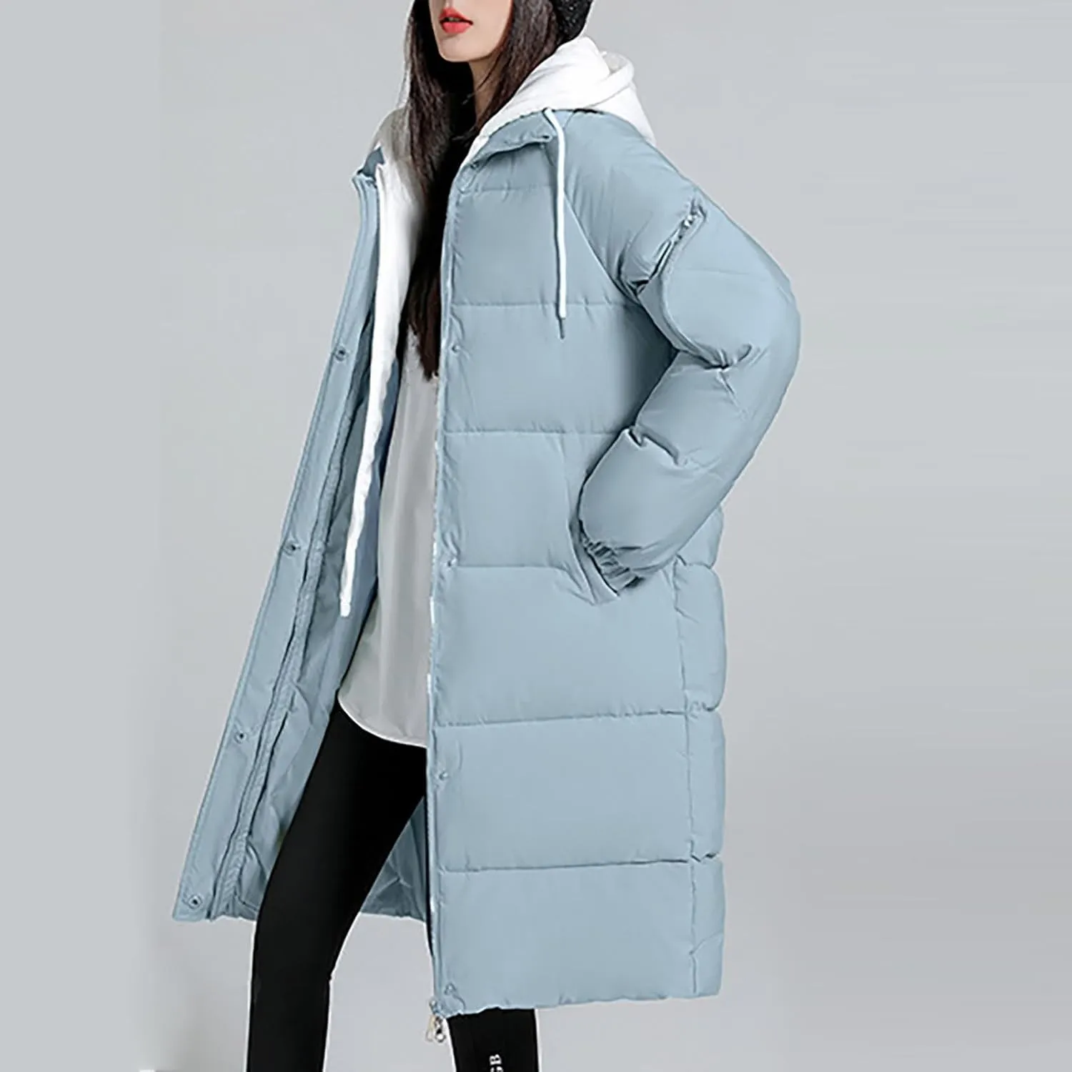 Women's Long Puffer Coat Patchwork Cotton Hooded Down Jacket Fashion Winter Warm Zip Snaps Padded Quilted Jacket 2023