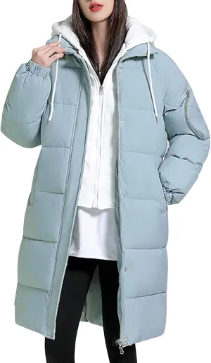 Women's Long Puffer Coat Patchwork Cotton Hooded Down Jacket Fashion Winter Warm Zip Snaps Padded Quilted Jacket 2023