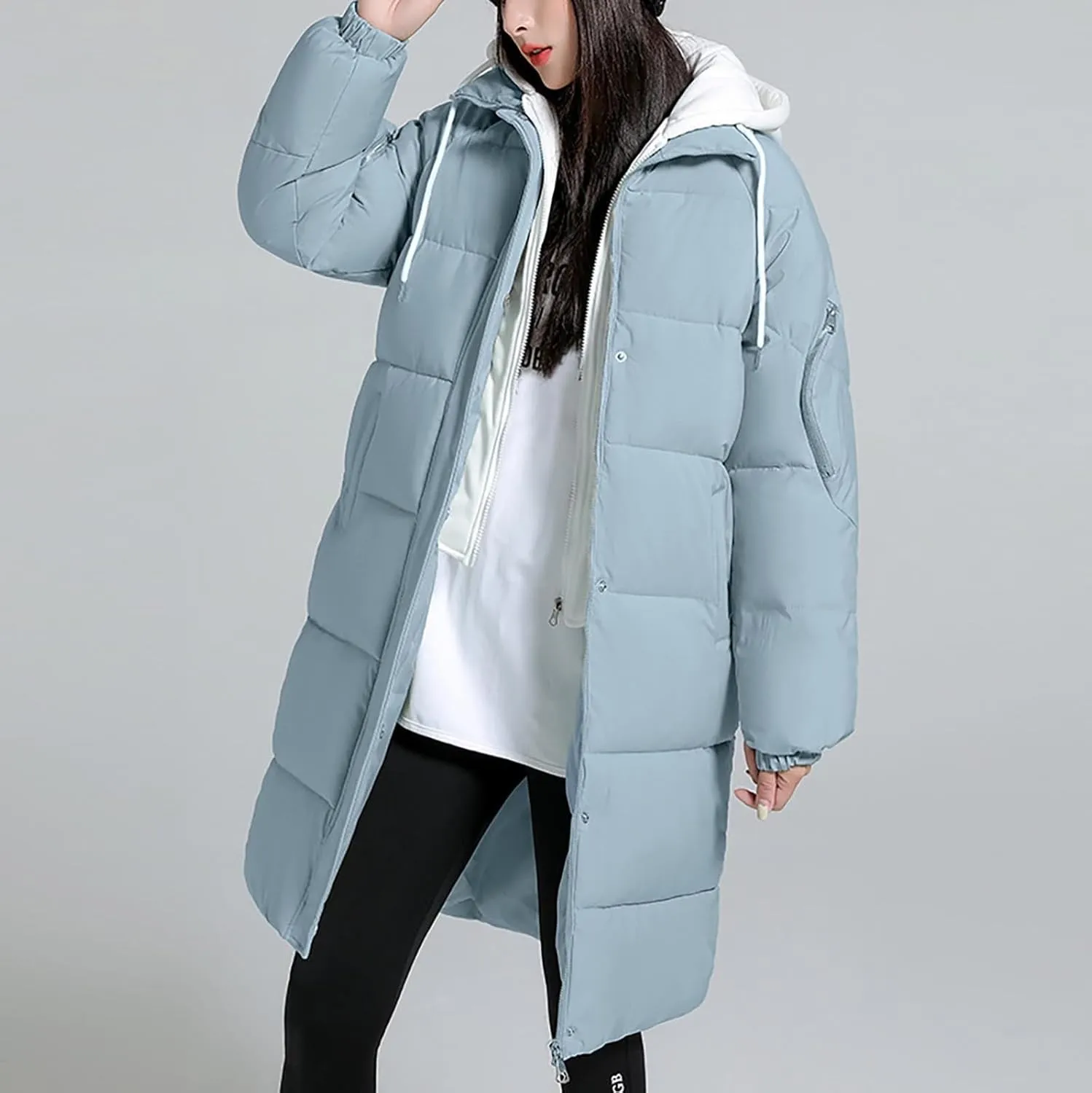 Women's Long Puffer Coat Patchwork Cotton Hooded Down Jacket Fashion Winter Warm Zip Snaps Padded Quilted Jacket 2023