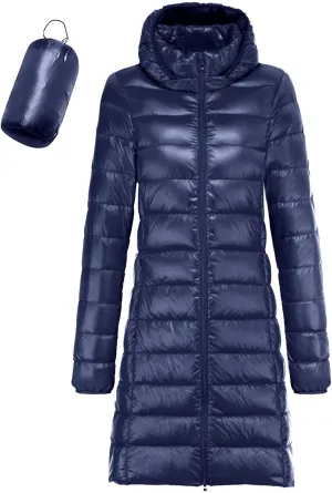 Women's Long Puffer Jacket Winter Warm Packable Down Jacket Lightweight Slim Fit Hooded Jacket Duck Down Coat