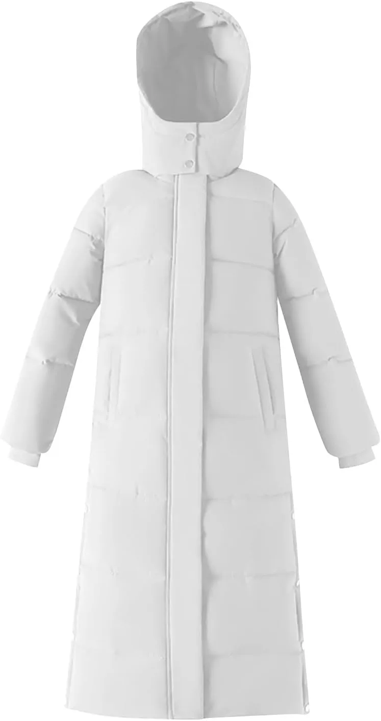 Women's Long Quilted Coat Maxi Length Puffer Jacket Hooded Side Split Padded Coats Thick Warm Winter Outerwear