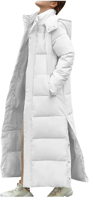Women's Long Quilted Coat Maxi Length Puffer Jacket Hooded Side Split Padded Coats Thick Warm Winter Outerwear