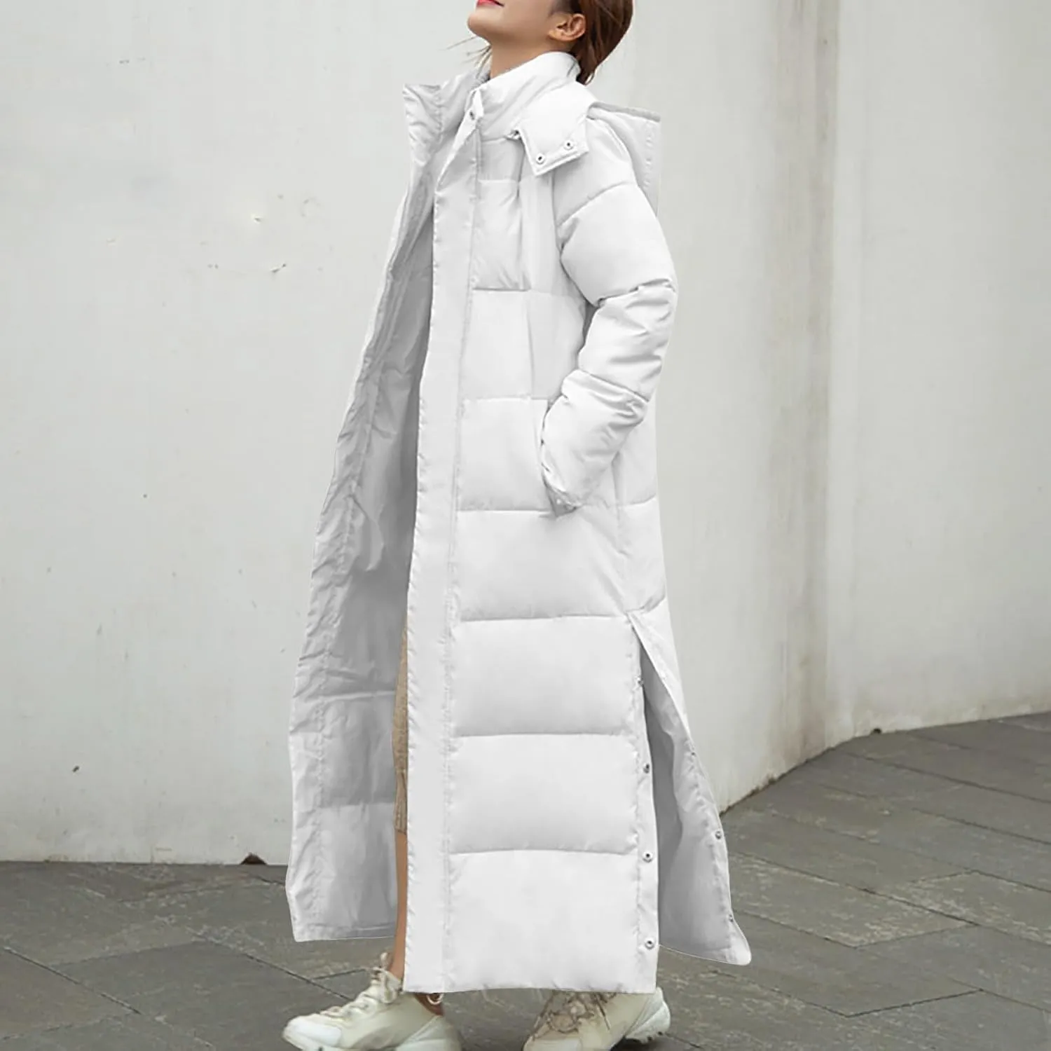 Women's Long Quilted Coat Maxi Length Puffer Jacket Hooded Side Split Padded Coats Thick Warm Winter Outerwear