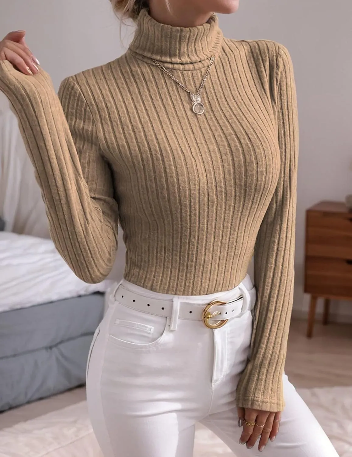 Womens Long Sleeve Turtleneck Tops Ribbed Thermal Underwear Shirt Slim Fit Fall Pullover Sweater