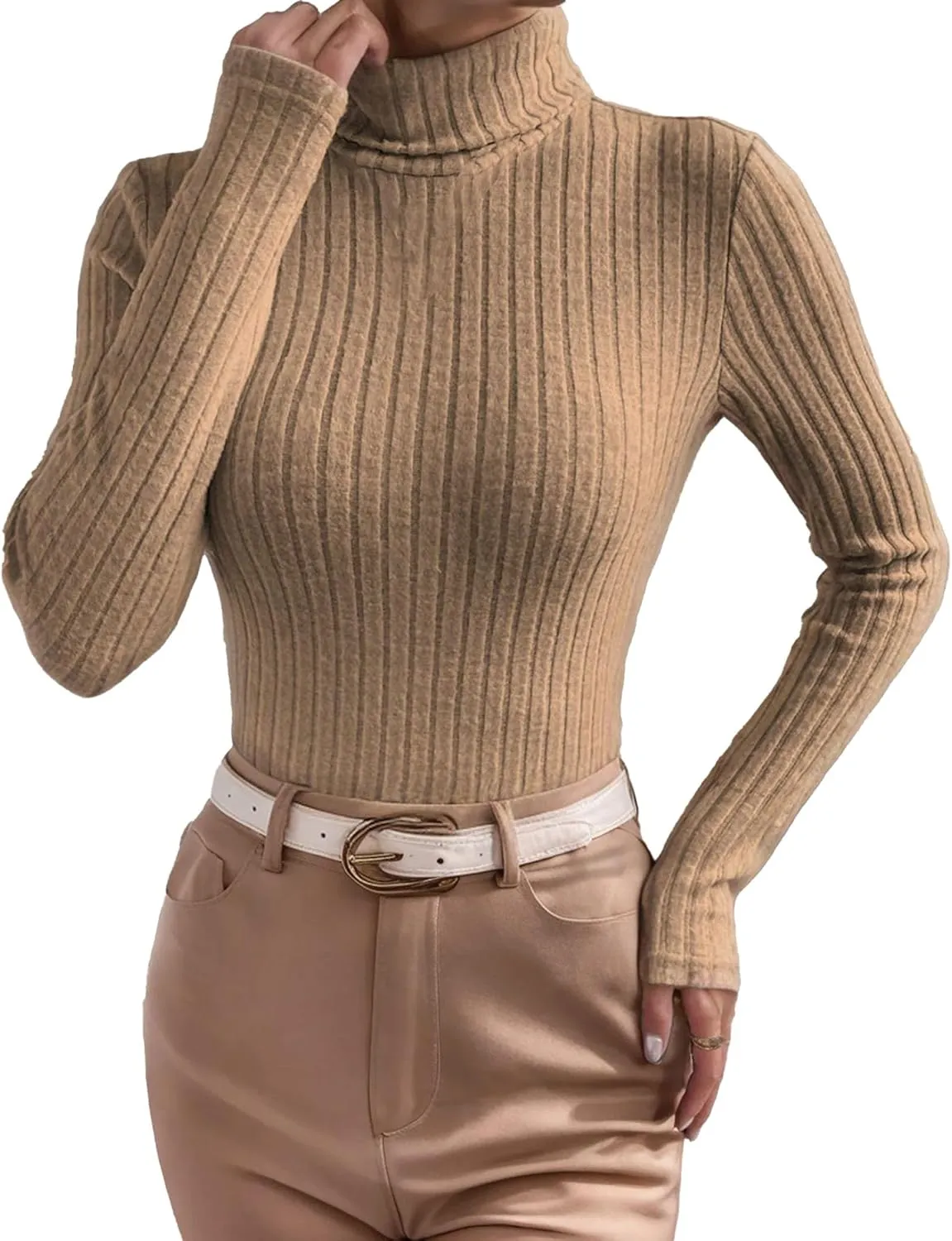Womens Long Sleeve Turtleneck Tops Ribbed Thermal Underwear Shirt Slim Fit Fall Pullover Sweater