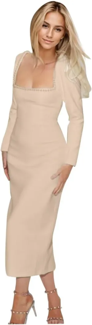 Women's Long Sleeves Satin Wedding Dresses for Brides 2025 Square Neck Beading Wedding Guest Dresses S-P019