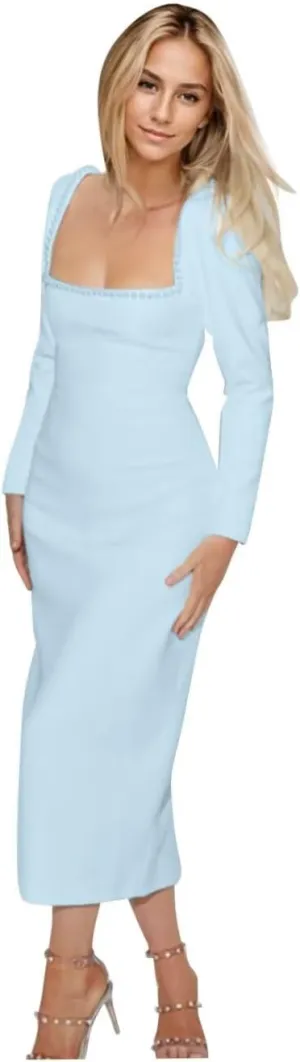 Women's Long Sleeves Satin Wedding Dresses for Brides 2025 Square Neck Beading Wedding Guest Dresses S-P019