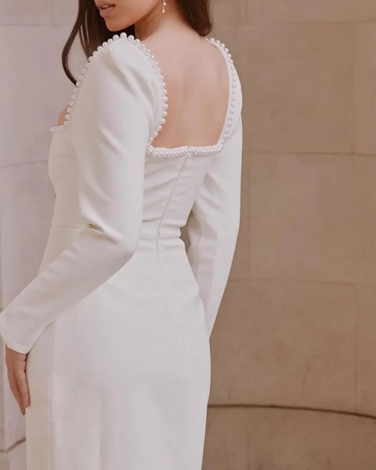 Women's Long Sleeves Satin Wedding Dresses for Brides 2025 Square Neck Beading Wedding Guest Dresses S-P019