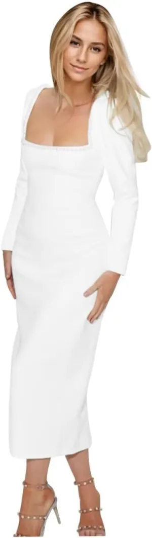 Women's Long Sleeves Satin Wedding Dresses for Brides 2025 Square Neck Beading Wedding Guest Dresses S-P019