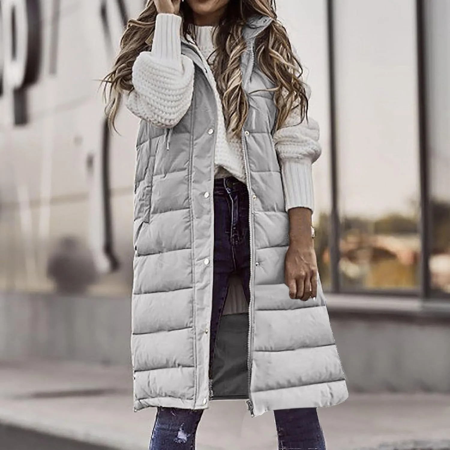 Women's Long Vest Sleeveless Lightweight Puffer Jacket Down Coat Button Up Quilted Vest with Drawstring Hood