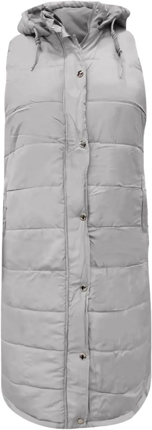 Women's Long Vest Sleeveless Lightweight Puffer Jacket Down Coat Button Up Quilted Vest with Drawstring Hood