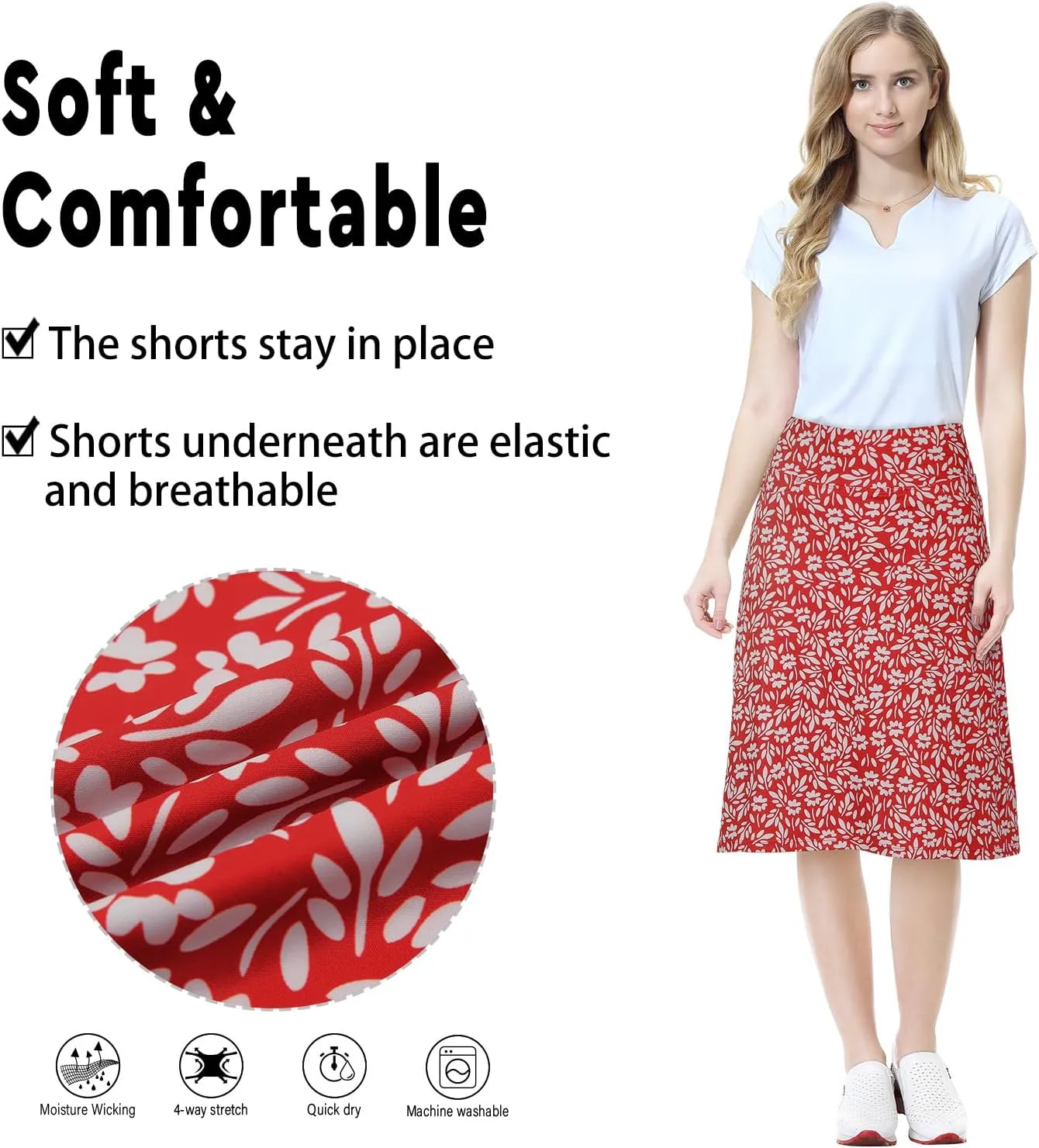 Women's Midi Length Skorts Skirts with 3 Pockets Modest Skirts Women's 24" Knee Length Skort
