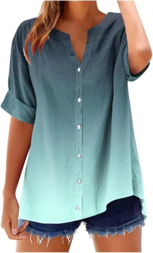 Womens Ombre Summer Shirts Gradient Color Short Sleeve Vacation Tunic Tops Oversized Tshirts V Neck Blouses Tops