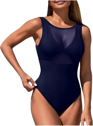 Women's One Piece Mesh Swimsuits Backless Tummy Control Cutout Bathing Suit Sexy V Neck Slimming Swim Suit Swimwear