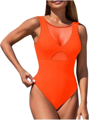 Women's One Piece Mesh Swimsuits Backless Tummy Control Cutout Bathing Suit Sexy V Neck Slimming Swim Suit Swimwear
