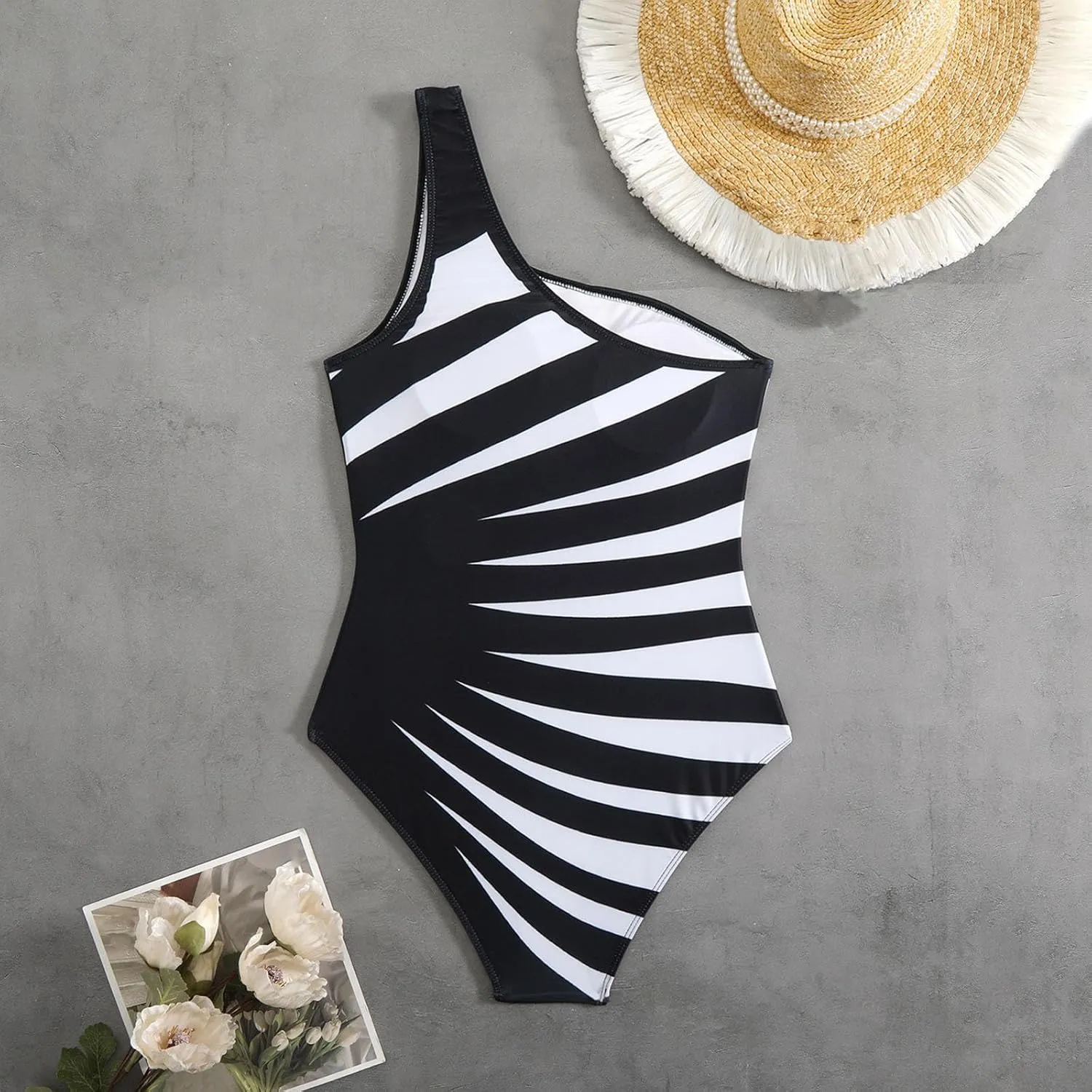 Women's One Piece Swimsuit Fashion Striped One Shoulder Tummy Control Slimming Bathing Suit Summer Beach Swimwear