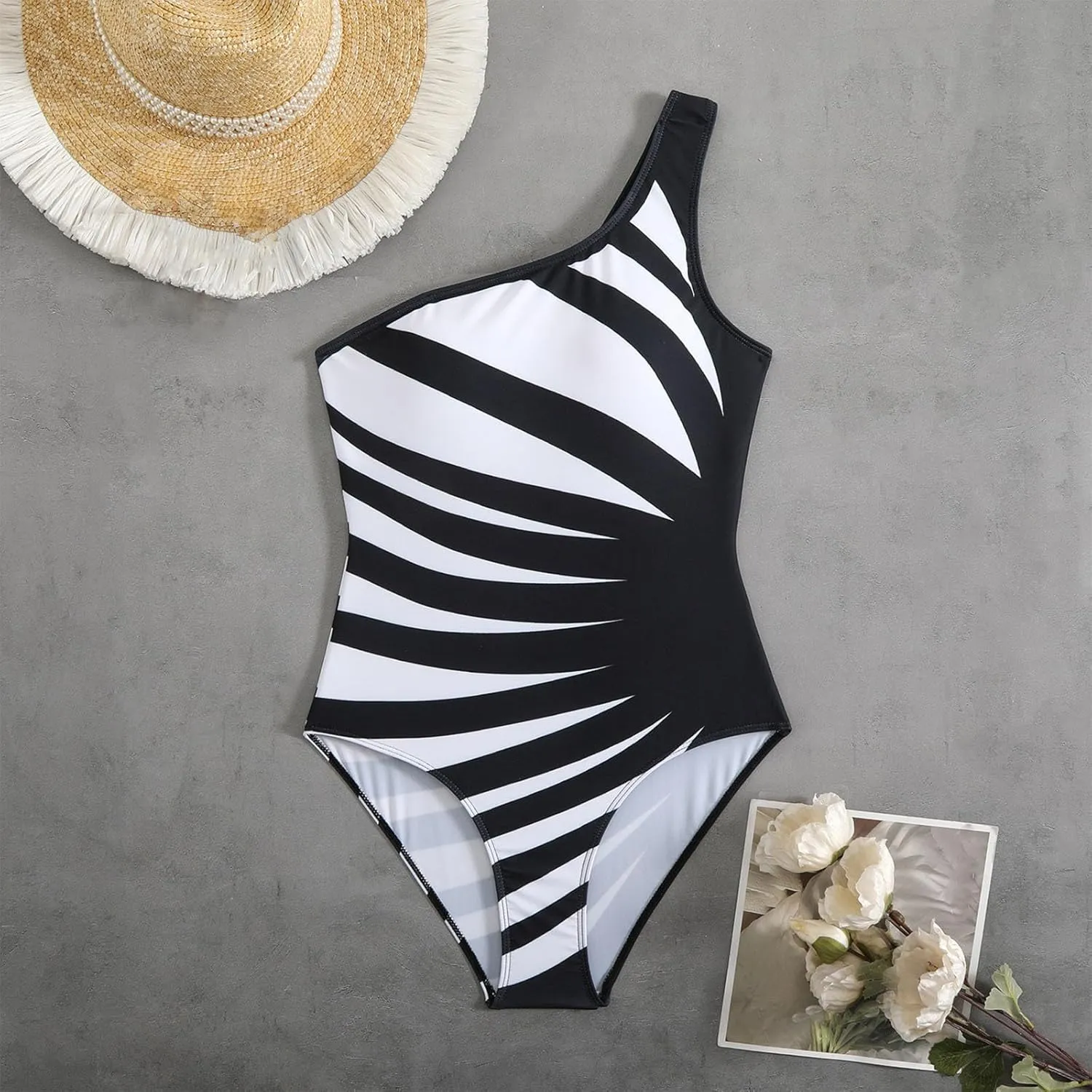 Women's One Piece Swimsuit Fashion Striped One Shoulder Tummy Control Slimming Bathing Suit Summer Beach Swimwear
