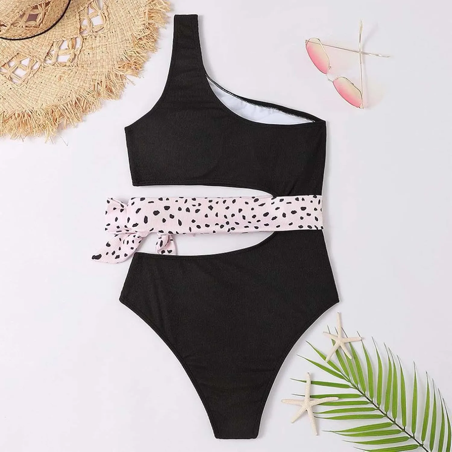 Women's One Piece Swimsuit Tummy Ring Cutout Bathing Suits High Cut Swimwear Shirred Backless Tummy Control Tie Swimwear