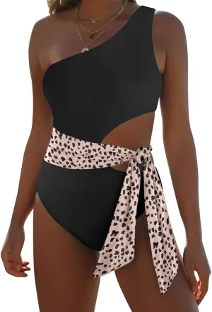Women's One Piece Swimsuit Tummy Ring Cutout Bathing Suits High Cut Swimwear Shirred Backless Tummy Control Tie Swimwear