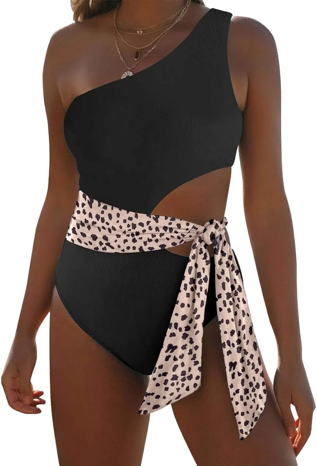 Women's One Piece Swimsuit Tummy Ring Cutout Bathing Suits High Cut Swimwear Shirred Backless Tummy Control Tie Swimwear