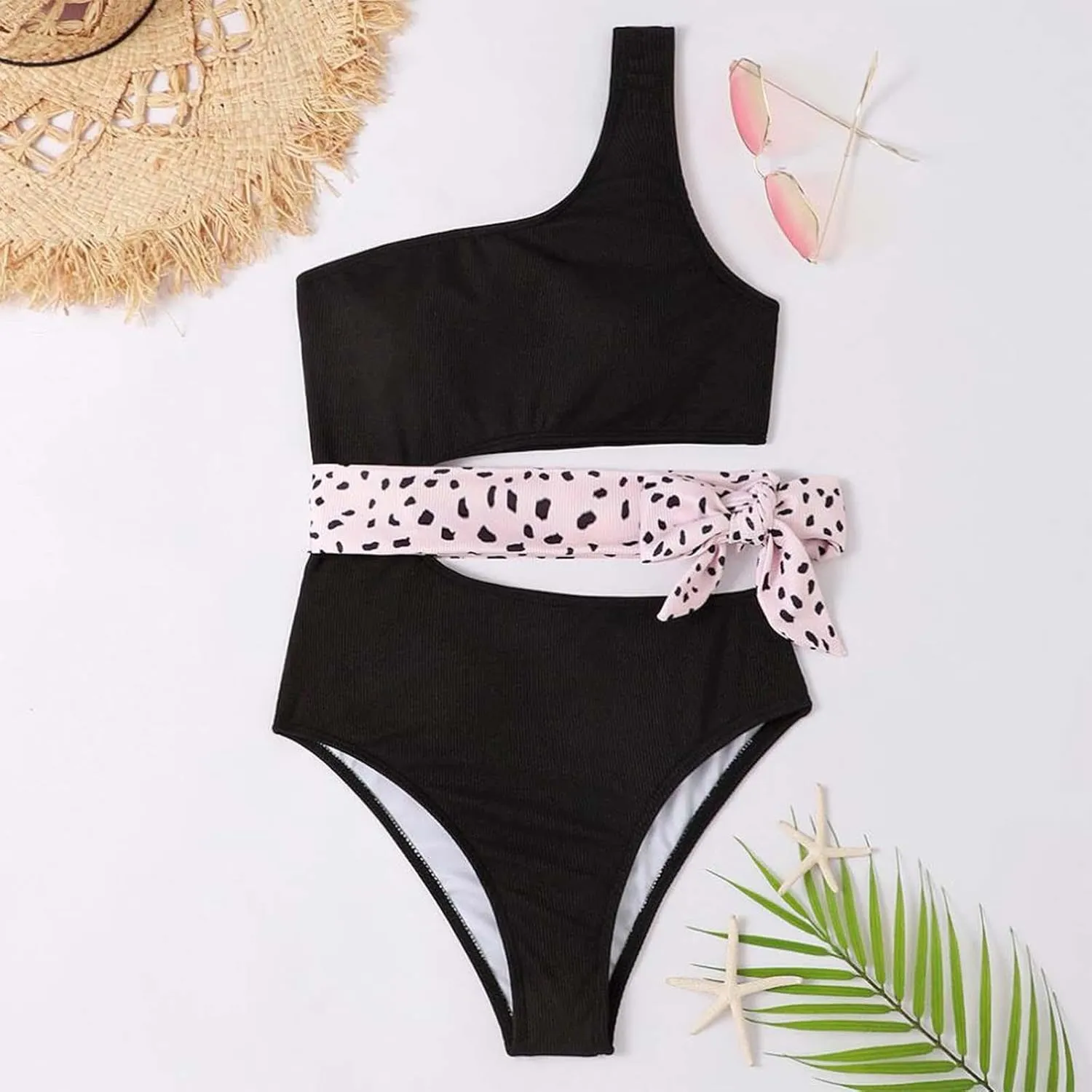 Women's One Piece Swimsuit Tummy Ring Cutout Bathing Suits High Cut Swimwear Shirred Backless Tummy Control Tie Swimwear
