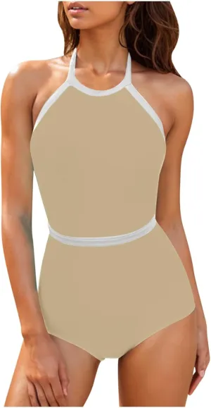 Womens One Piece Swimsuits Tummy Control Bathing Suits Halter Neck Swimming Suits Backless Monokini Sexy Swimwear