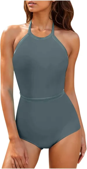 Womens One Piece Swimsuits Tummy Control Bathing Suits Halter Neck Swimming Suits Backless Monokini Sexy Swimwear