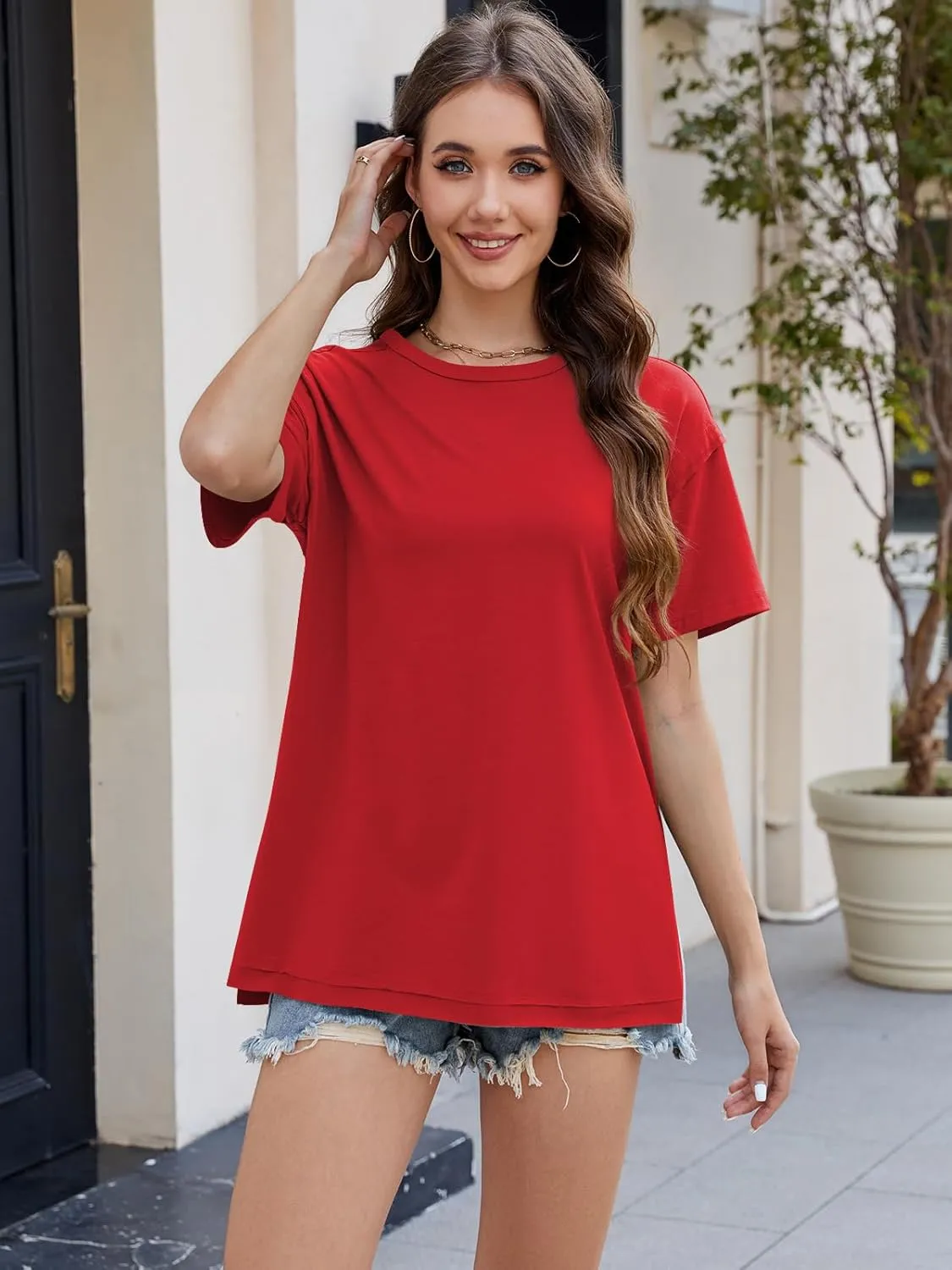 Womens Oversized T Shirts 2025 Summer Short Sleeve Shirts Spring Workout Tops Crew Neck Basic Tee Tops