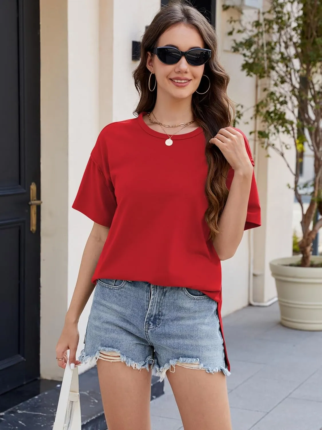 Womens Oversized T Shirts 2025 Summer Short Sleeve Shirts Spring Workout Tops Crew Neck Basic Tee Tops