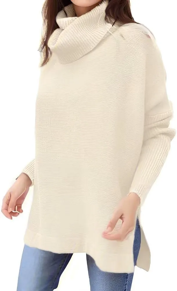 Womens Oversized Turtleneck Sweater Slit Hem Jumper Tops 2023 Fall Loose Long Batwing Chunky Knit Sweater Tops